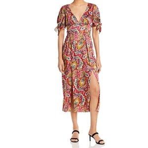 Cinq a Sept India Paisley Floral Satin Midi Dress Puff Sleeve Tie Cuff Size 2